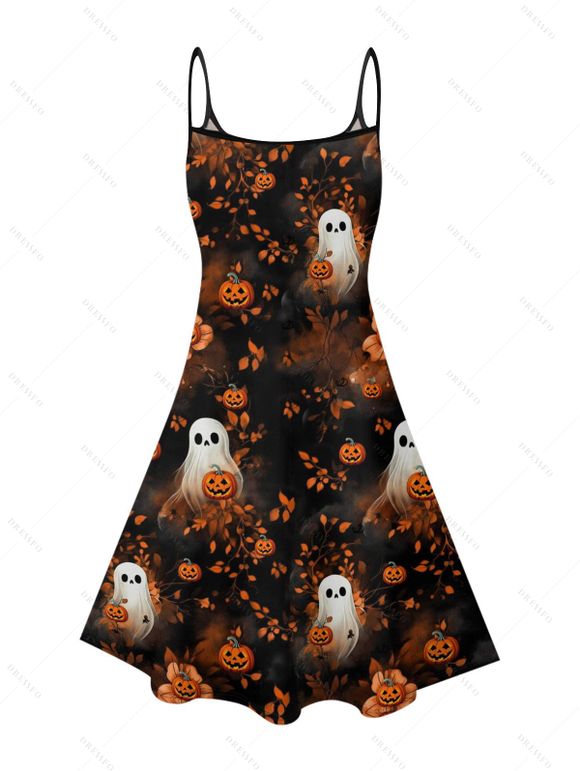 Halloween Couple Outfit Ghost with Pumpkin Print Dress and Shirt Set - Noir S | US 4