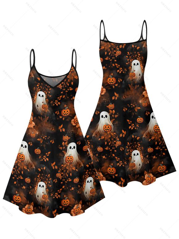 Halloween Couple Outfit Ghost with Pumpkin Print Dress and Shirt Set - Noir S | US 4