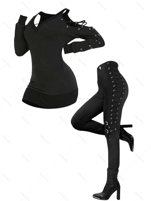 Women Outfit Open Shoulder Crisscross T Shirt and Grommet Pants Set - Noir S | US 4