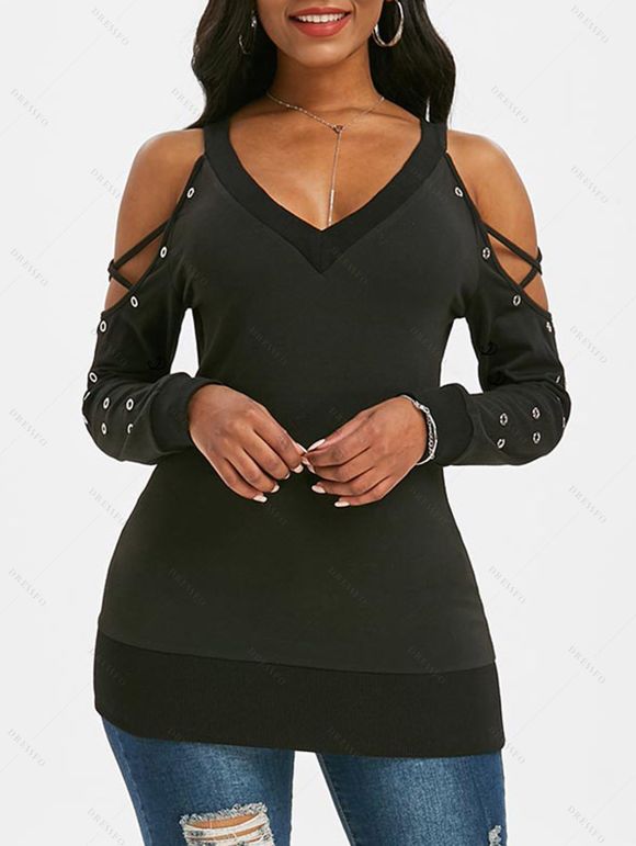 Women Outfit Open Shoulder Crisscross T Shirt and Grommet Leggings Set - Noir S | US 4