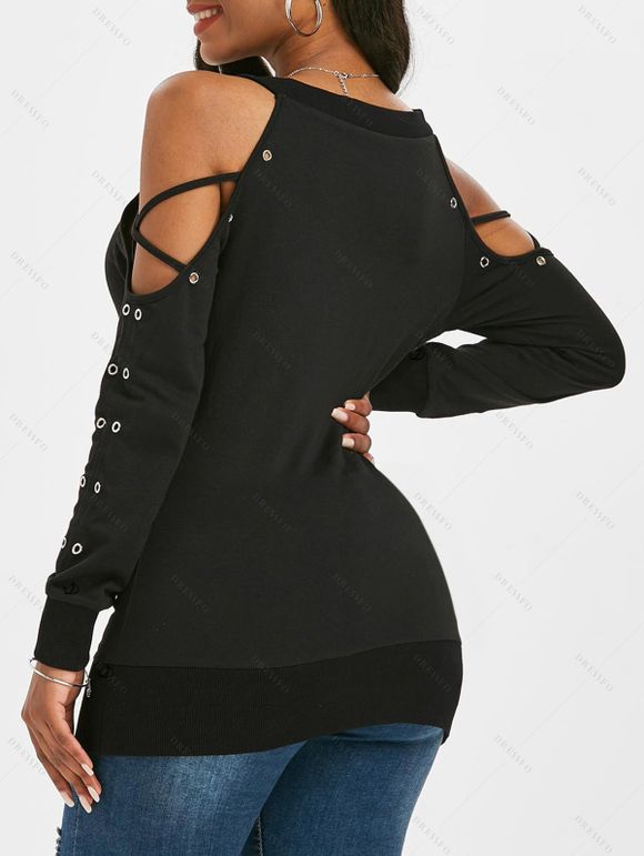 Women Outfit Open Shoulder Crisscross T Shirt and Grommet Leggings Set - Noir S | US 4