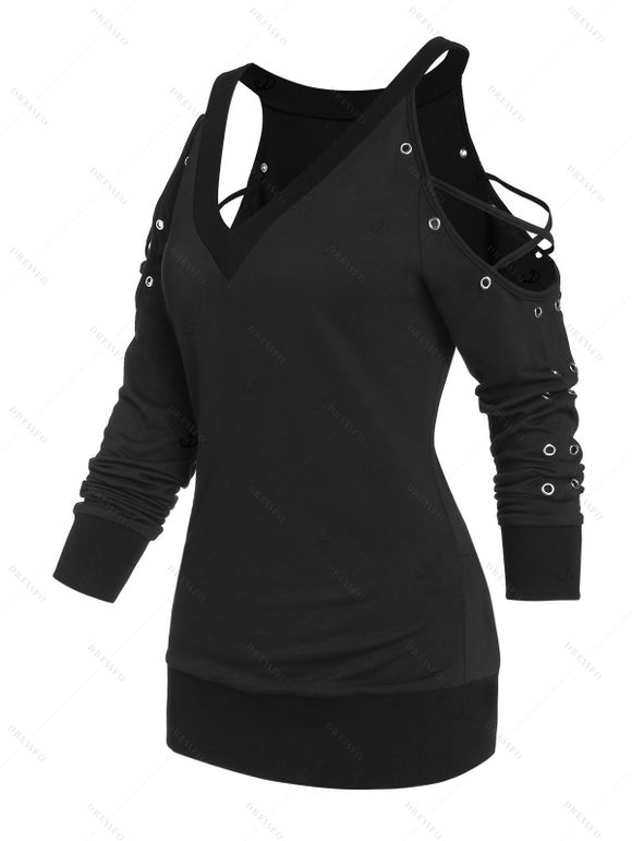 Women Outfit Open Shoulder Crisscross T Shirt and Grommet Leggings Set - Noir S | US 4