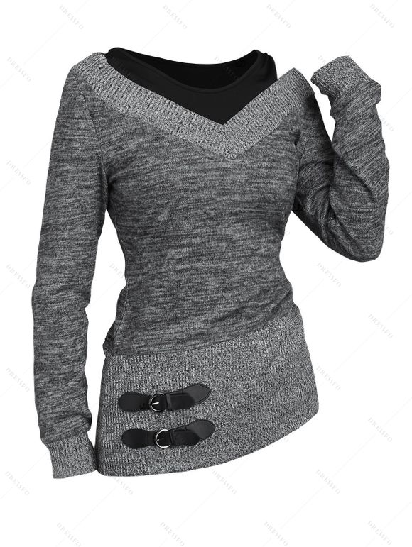 Haut 2 en 1 texturé à manches longues et col en V en similicuir chiné - Gris Foncé XL | US 12