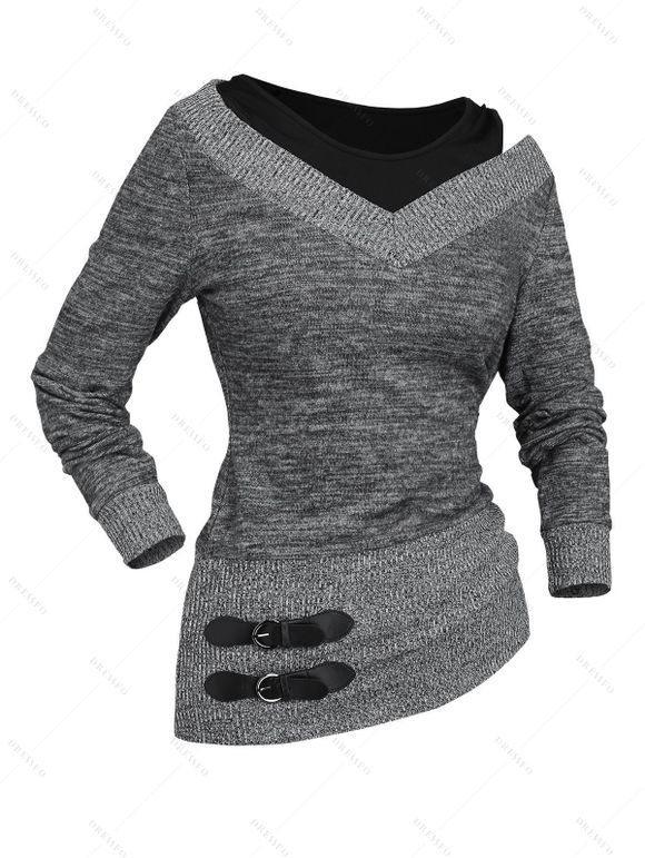 Haut 2 en 1 texturé à manches longues et col en V en similicuir chiné - Gris Foncé XL | US 12