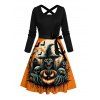Robe gothique d'Halloween à imprimé citrouille, fantôme, chauve-souris, croisée, ceinture - Orange XXXL | US 16