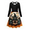 Robe gothique d'Halloween à imprimé citrouille, fantôme, chauve-souris, croisée, ceinture - Orange XXXL | US 16