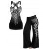 Women Outfit Geometric Print Butterfly Lace Tank Top and Wide Leg Pants Set - Noir S | US 4