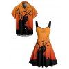 Halloween Couple Outfit Black Cat Tree Branches Print Mini Dress and Shirt Set - Orange S | US 4