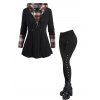 Women Outfit Plaid Panel Textured Knit Hooded Top and Snap Button Pants Set - Noir S | US 4