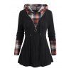 Women Outfit Plaid Panel Textured Knit Hooded Top and Snap Button Pants Set - Noir S | US 4