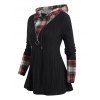 Women Outfit Plaid Panel Textured Knit Hooded Top and Snap Button Pants Set - Noir S | US 4