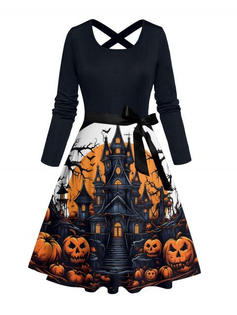 Robe d'Halloween à imprimé citrouille, chauve-souris, château, croisée, ceinture