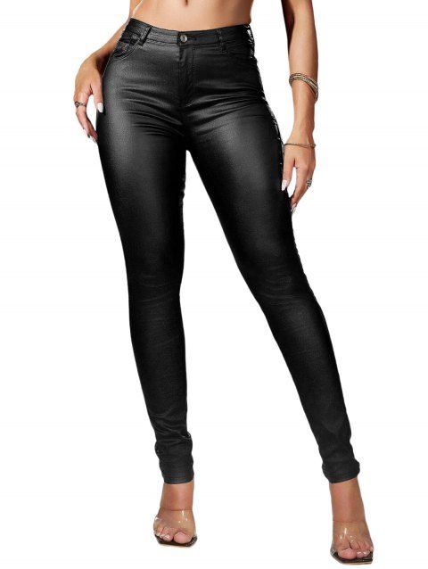 Pantalon Long Moulant Zippé en Couleur Unie en PU avec Poches