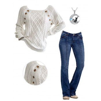 Cable Knit Mock Button Raglan Sleeve Sweater And Leaf Embroidery Zip Fly Jeans Moon Cat Chain Necklace Outfit
