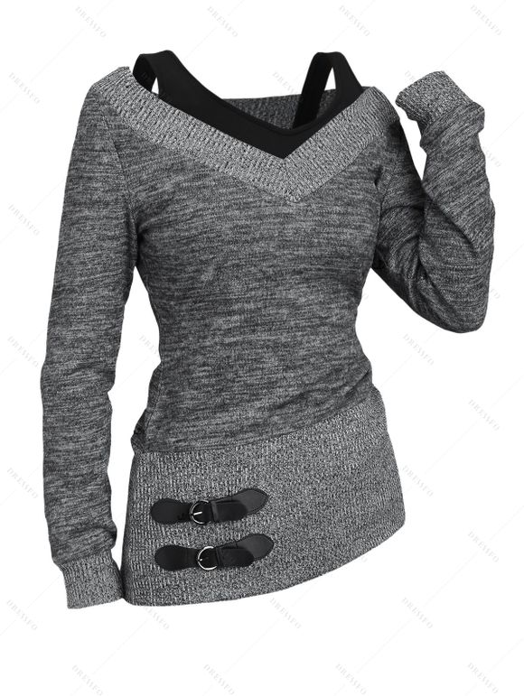 Women Daily Outfit Textured Space Dye Buckle Faux Twinset Top and Snap Button Leggings Set - Gris S | US 4