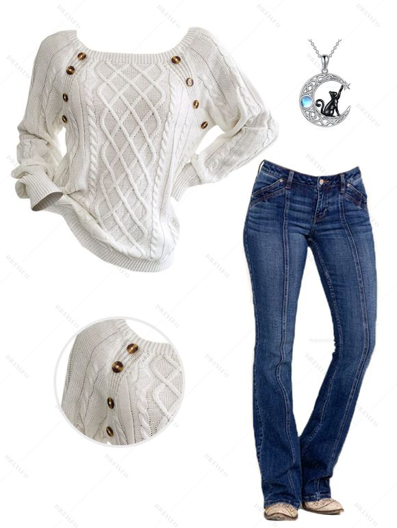 Cable Knit Mock Button Raglan Sleeve Sweater And Leaf Embroidery Zip Fly Jeans Moon Cat Chain Necklace Outfit - Blanc S | US 4