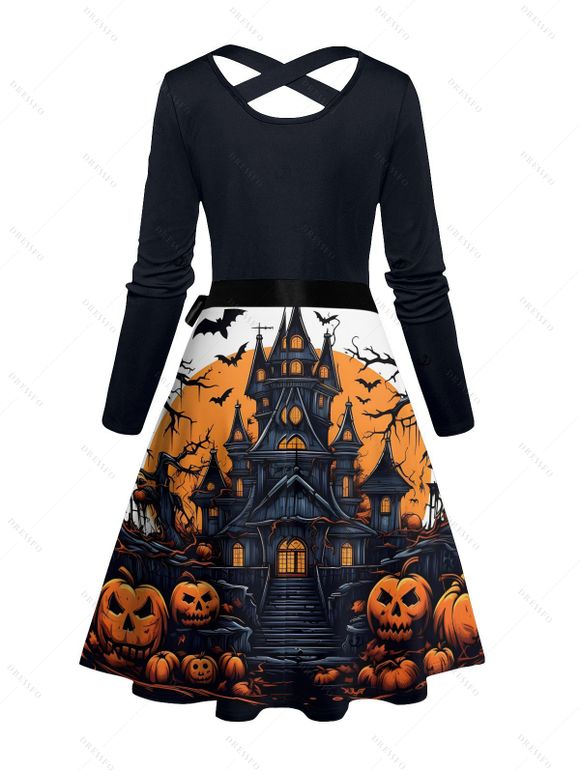 Robe d'Halloween à imprimé citrouille, chauve-souris, château, croisée, ceinture - Noir XL | US 12