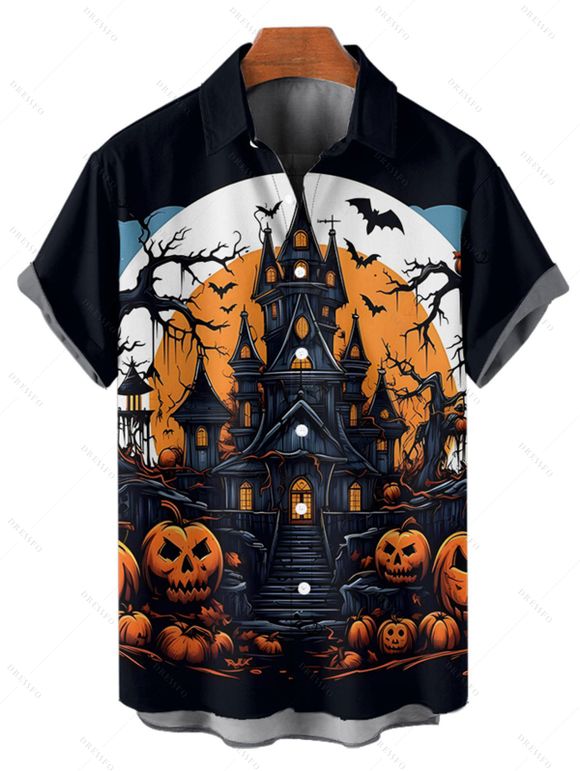 Chemise d'Halloween pour homme, boutonnée, imprimé château de chauve-souris et citrouille - Noir 5XL