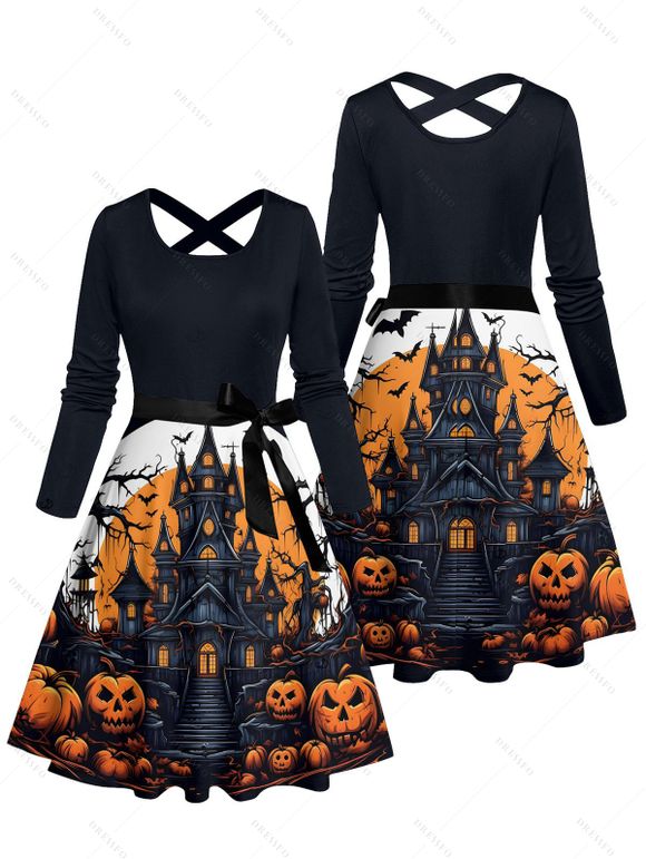 Robe d'Halloween à imprimé citrouille, chauve-souris, château, croisée, ceinture - Noir XL | US 12