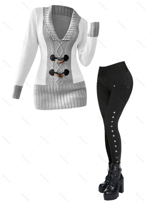 Women Outfit Contrast Color Mock Horn Button Sweater and Snap Button Pants Set - Gris Clair S | US 4