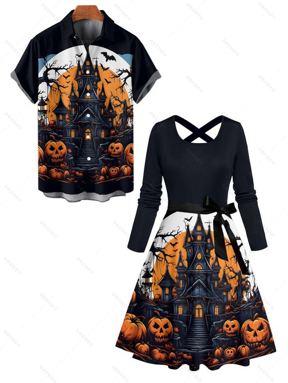 Halloween Couple Outfit Pumpkin Bat Print Belt Dress and Shirt Set - Noir S | US 4