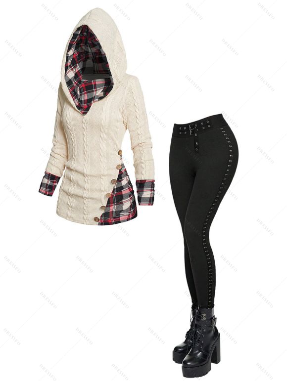 Women Outfit Twisted Cable Knit Plaid Print Hooded Sweater and Grommet Pants Set - Beige S | US 4