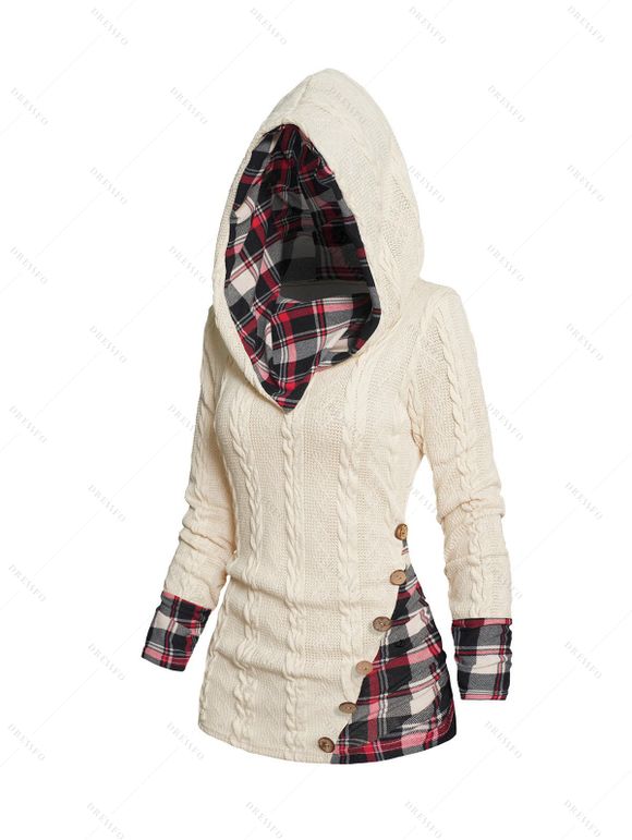 Women Outfit Twisted Cable Knit Plaid Print Hooded Sweater and Grommet Leggings Set - Beige S | US 4