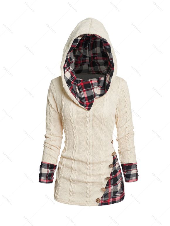 Women Outfit Twisted Cable Knit Plaid Print Hooded Sweater and Grommet Leggings Set - Beige S | US 4