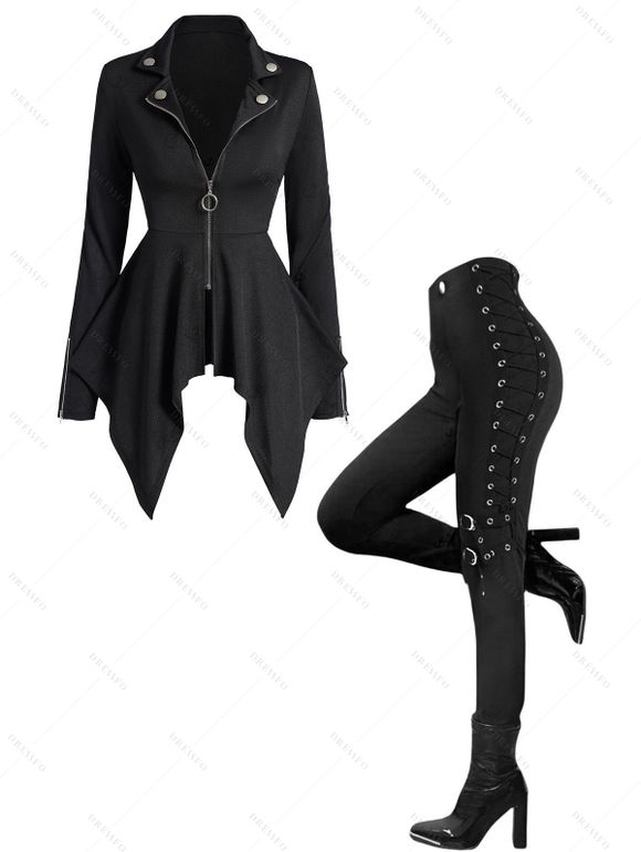 Women Outfit Solid Color O Ring Zip Up Coat and Grommet Pants Set - Noir S | US 4