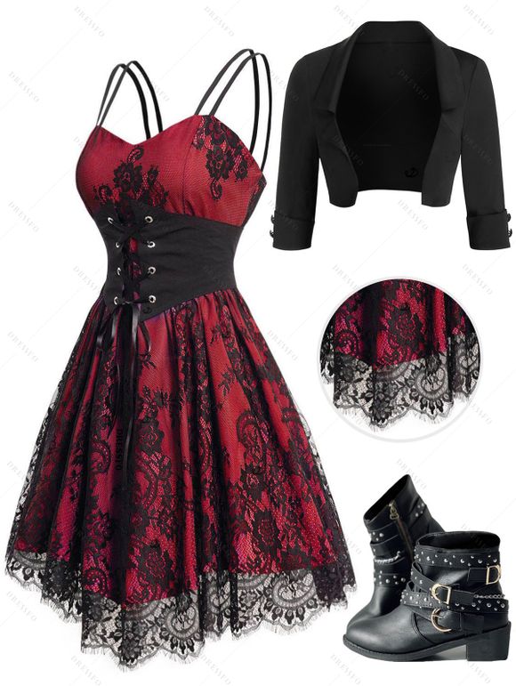 Allover Flower Print Lace Mesh Overlay Corset Belt Cami Dress And Open Front Crop Jacket Rivets Zip Up Boots Outfit - Rouge foncé S | US 4