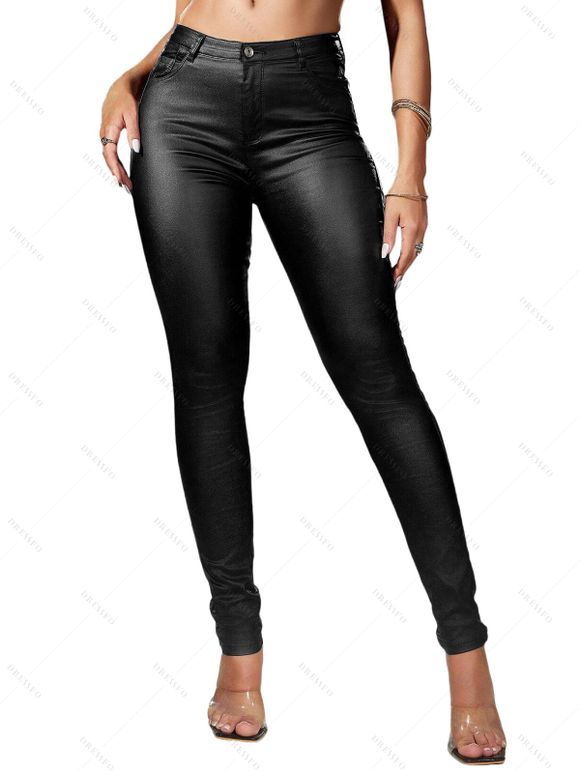 Pantalon Long Moulant Zippé en Couleur Unie en PU avec Poches - Noir S
