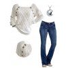 Cable Knit Mock Button Raglan Sleeve Sweater And Leaf Embroidery Zip Fly Jeans Moon Cat Chain Necklace Outfit - Blanc S | US 4