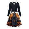 Robe d'Halloween à imprimé citrouille, chauve-souris, château, croisée, ceinture - Noir XL | US 12