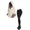 Women Outfit Twisted Cable Knit Plaid Print Hooded Sweater and Grommet Pants Set - Beige S | US 4