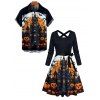 Halloween Couple Outfit Pumpkin Bat Print Belt Dress and Shirt Set - Noir S | US 4