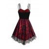 Allover Flower Print Lace Mesh Overlay Corset Belt Cami Dress And Open Front Crop Jacket Rivets Zip Up Boots Outfit - Rouge foncé S | US 4