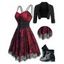 Allover Flower Print Lace Mesh Overlay Corset Belt Cami Dress And Open Front Crop Jacket Rivets Zip Up Boots Outfit - Rouge foncé S | US 4