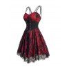 Allover Flower Print Lace Mesh Overlay Corset Belt Cami Dress And Open Front Crop Jacket Rivets Zip Up Boots Outfit - Rouge foncé S | US 4