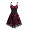 Allover Flower Print Lace Mesh Overlay Corset Belt Cami Dress And Open Front Crop Jacket Rivets Zip Up Boots Outfit - Rouge foncé S | US 4