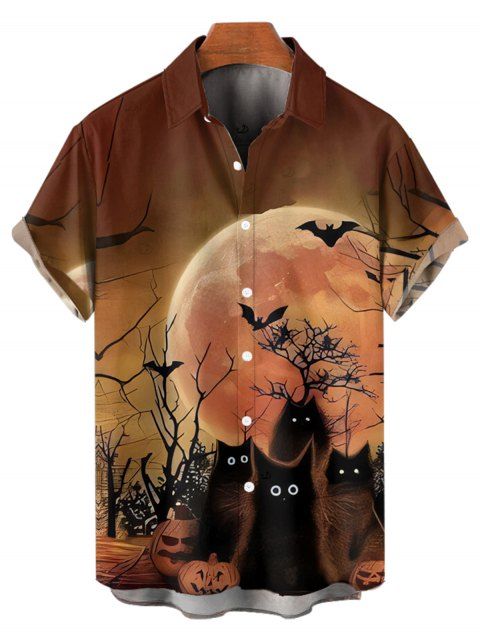 Chemise Décontractée D'Halloween Boutonnée Chauve-souris Imprimé à Manches Roulées pour Homme