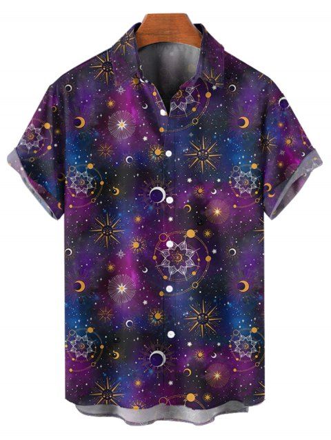 Chemise Décontractée Boutonnée Etoile Lune Soleil Galaxie Imprimés à Manches Courtes