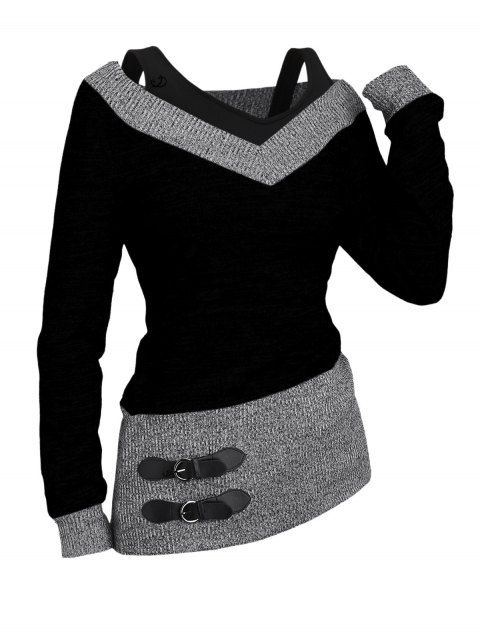 Haut Heather Faux Twinset texturé à manches longues et col en V, 2 en 1