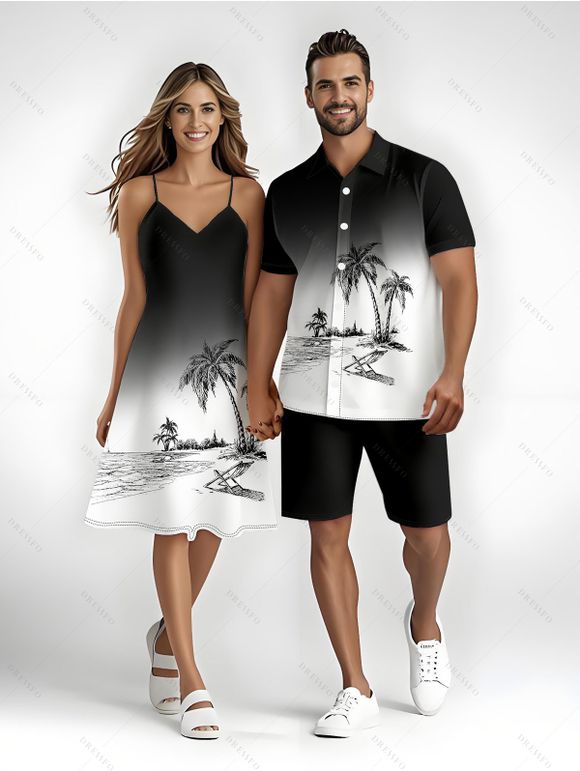 Vacation Couple Outfit Ombre Coconut Tree Print Spaghetti Strap A Line Tank Dress and Roll Up Sleeve Shirt Solid Color Drawstrings Beach Shorts Matching Outfit - Noir S | US 4