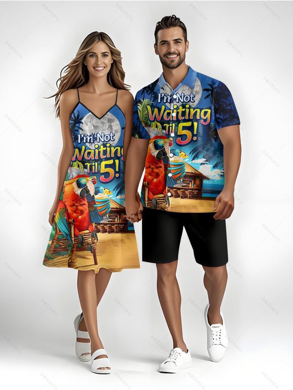 Vacation Couple Outfit Parrot Letter Beach Landscape Pattern Spaghetti Strap Mini Tank Dress and Roll Up Sleeve Shirt Beach Matching Outfit - Bleu S | US 4