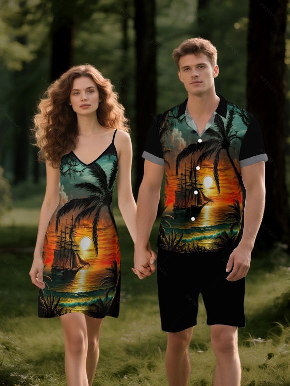 Vacation Couple Outfit for Beach Coconut Tree Sunset Print Mini Dress and Shirt Matching Set - Orange S | US 4