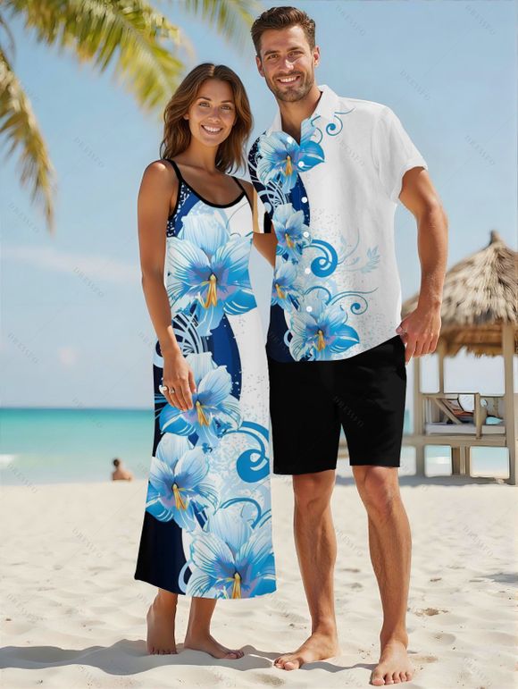 Vacation Couple Outfit Contrast Color Floral Print Pocket Long Dress and Shirt Set - Bleu clair S | US 4