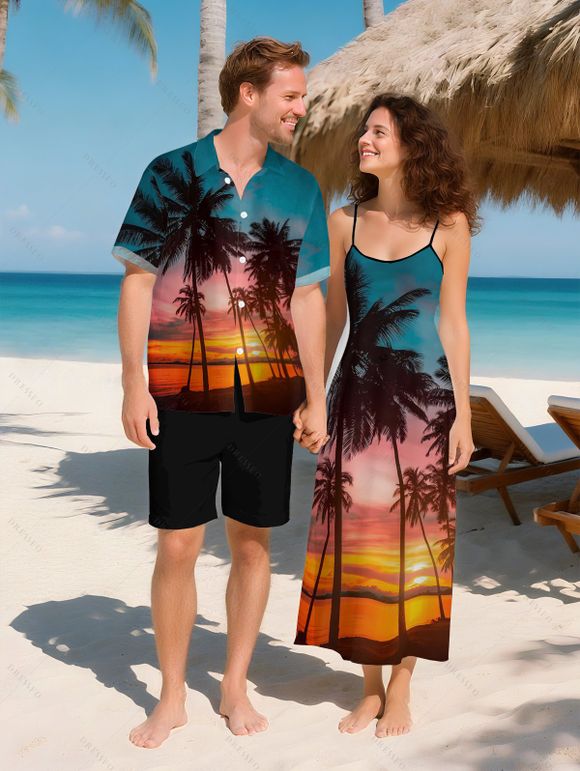 Vacation Couple Outfit Beach Landscape Coconut Tree Print Pocket Dress and Shirt Set - Orange S | US 4