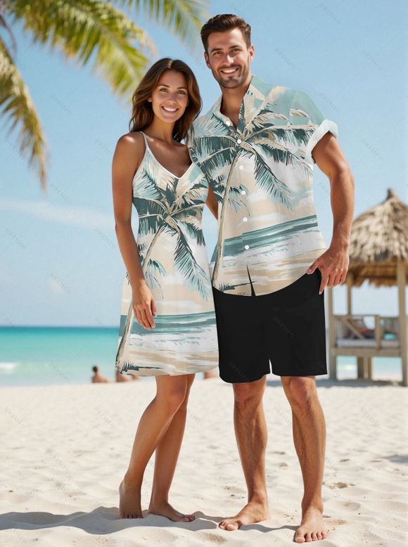 Vacation Couple Outfit Beach Coconut Tree Print Mini Dress and Shirt Set - Bleu clair S | US 4