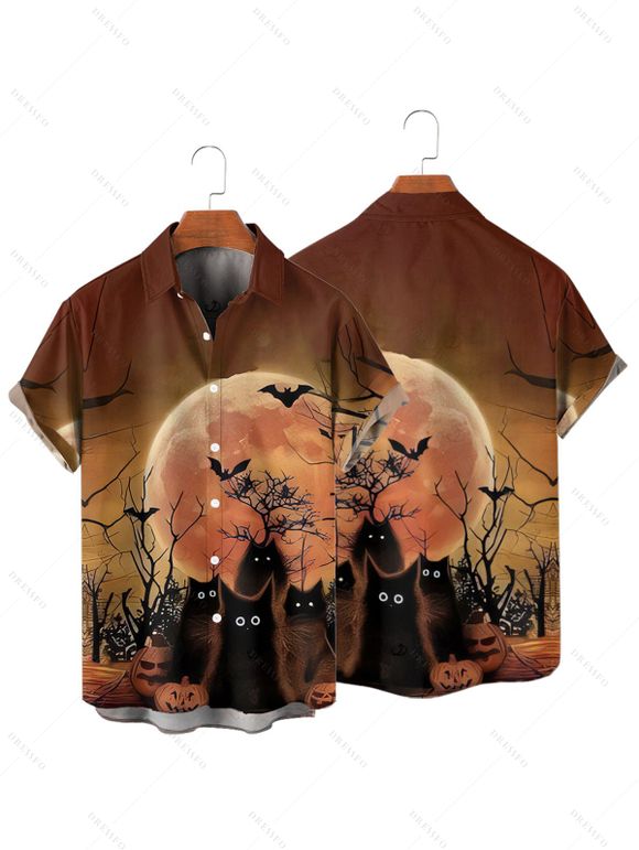 Chemise Décontractée D'Halloween Boutonnée Chauve-souris Imprimé à Manches Roulées pour Homme - Café profond 2XL