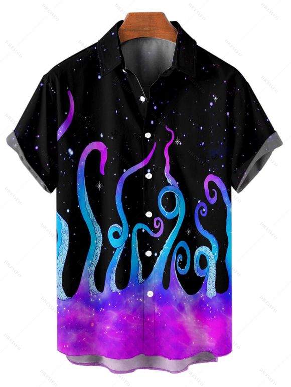 Chemise Décontractée Boutonnée Pieuvre et Galaxie Imprimés à Manches Courtes - Noir XL